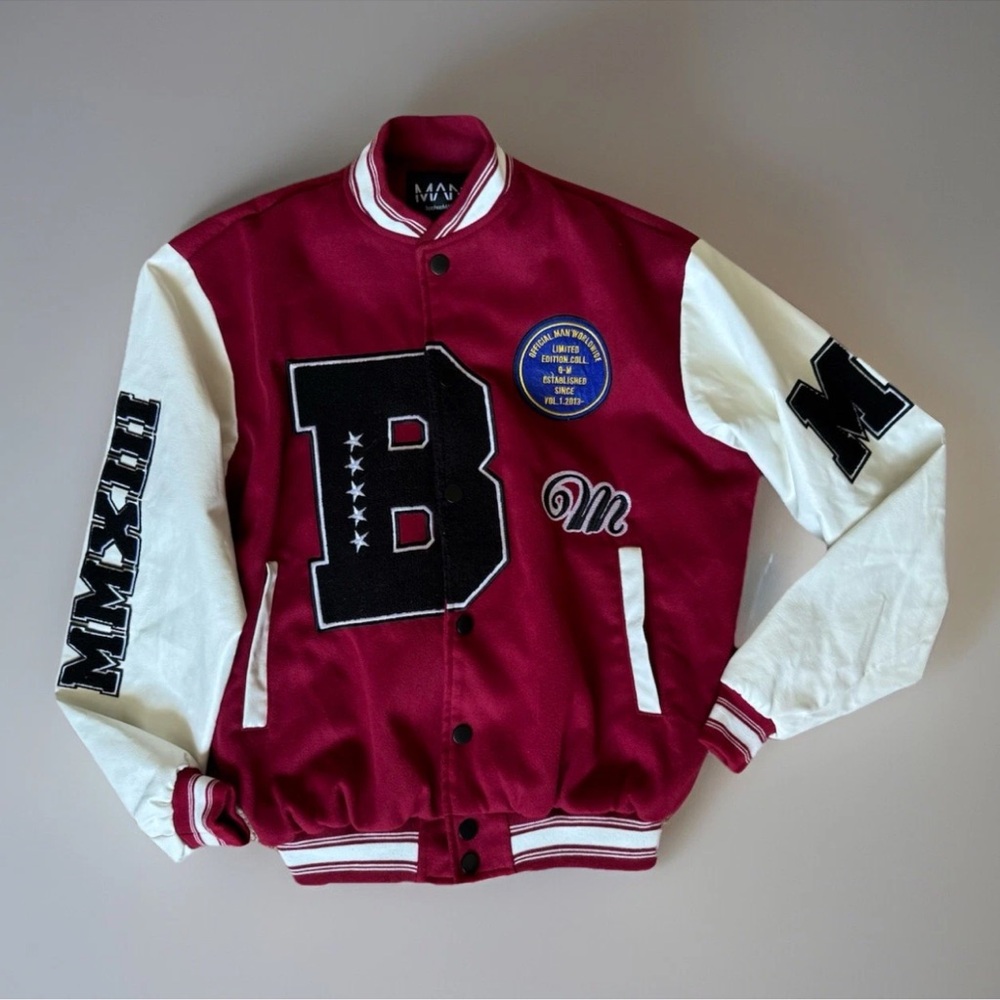 Boohoo Man B Varsity Patch Bomber Letterman Jacket In Maroon Red Size XS Preppy